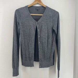 Express Sparkle Knit V Neck Button Front Cardigan Sweater Womens M Silver